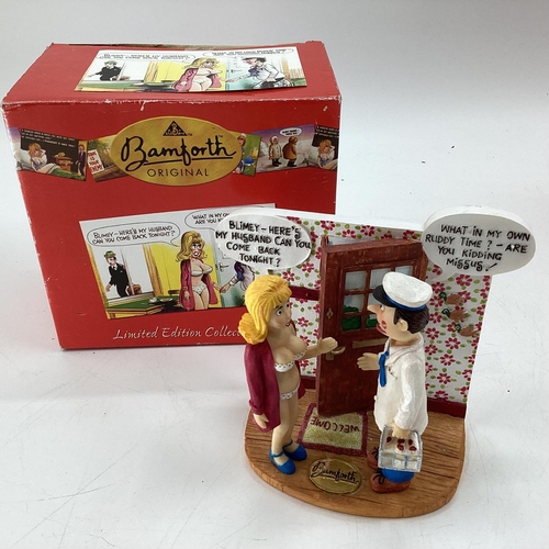 201 - BAMFORTH: Four Bamforth original ceramic novelty figure groups, three in original boxes based on ori... 