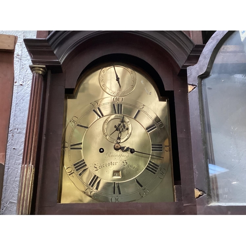 207 - A longcase clock, brass arched vase, Roman numeral markers, signed RAINSFORD LEICESTER SQUARE, with ... 