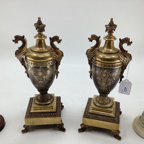 229 - A pair of gilt brass garnitures, square bases with dragon decoration 34cmH, together with two table ... 