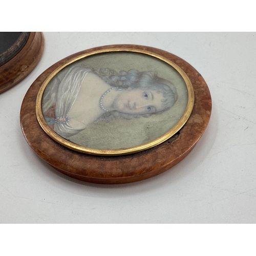 230 - A circular walnut table snuff box, the cover set with a portrait of an C18th lady with yellow metal ... 