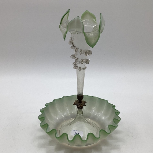 262 - A glass epergne, with green fluted rim and top, 36cm H