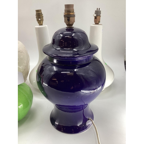 275 - A large purple table lamps, 50cm H approx, a pair of white, and other table lamps, blue, green, pink... 