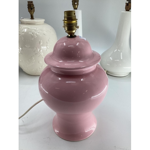 275 - A large purple table lamps, 50cm H approx, a pair of white, and other table lamps, blue, green, pink... 