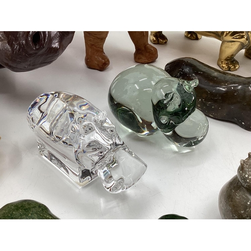 281 - A collection of model Hippos, glass, metal, wood, and a Limoges lidded box with hippo, all as found,... 