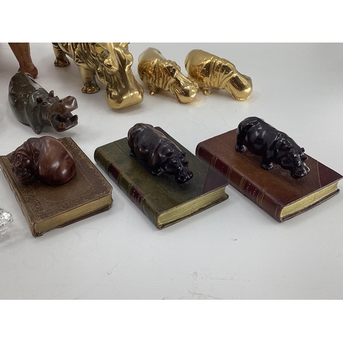 281 - A collection of model Hippos, glass, metal, wood, and a Limoges lidded box with hippo, all as found,... 