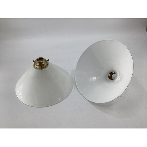 296 - Pair of white glass and brass dome shape light shades, 29cm diam, 19cmH