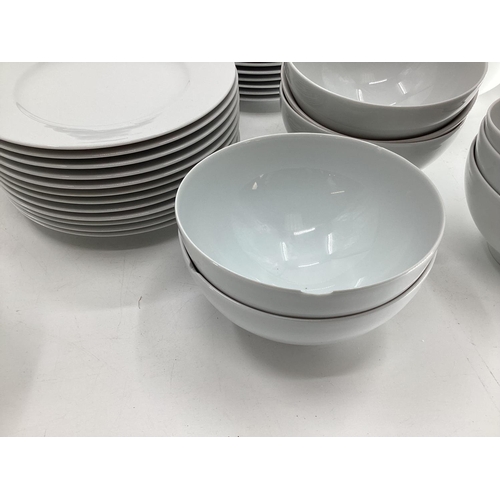 318 - Quantity of glassware, white kitchen china plates, side plates, bowls, scallop dishes, ramakin dishe... 