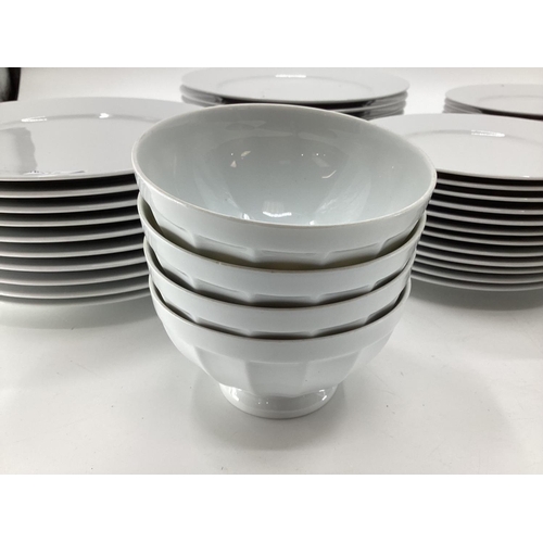 318 - Quantity of glassware, white kitchen china plates, side plates, bowls, scallop dishes, ramakin dishe... 