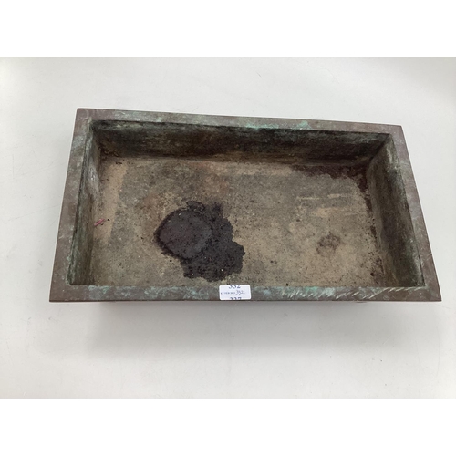 332 - A rectangular Chinese style bronzed footed dish, some wear and losses, and marks to base