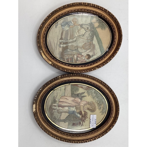 334 - Three oval shaped gilt glazed pictures, 2 being tapestry/crewel work, some damage, 23cmH x 180 cm W ... 