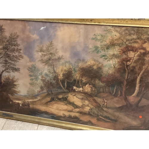 395 - Large rural scene, Watercolour on paper, unsigned in gilt glazed frame, 67 x 122cm