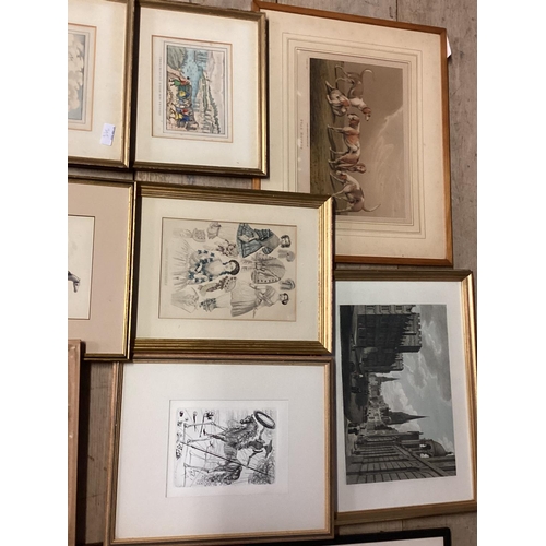 397 - Collection of coloured prints and original art works, mostly in gilt glazed frames