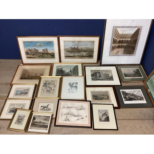 397 - Collection of coloured prints and original art works, mostly in gilt glazed frames