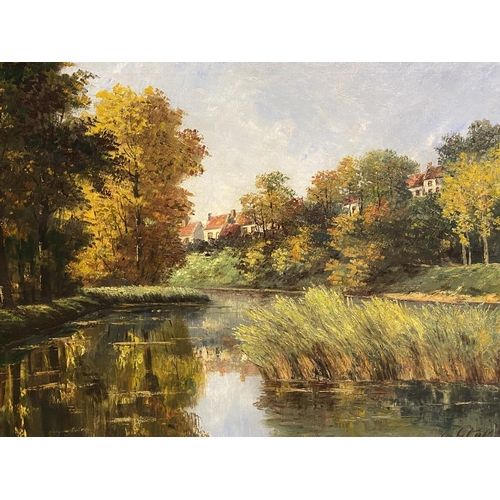 401 - Two gilt framed large oil on canvas of village and river scenes, both approx 71 x 98cm