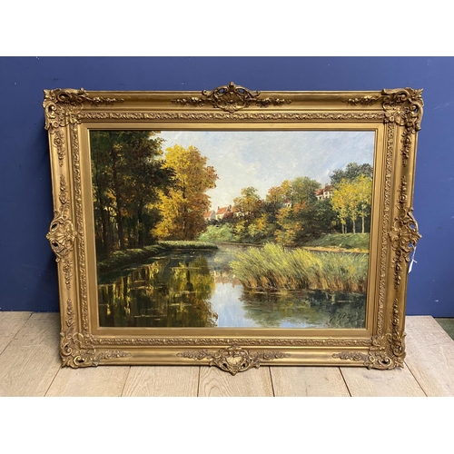 401 - Two gilt framed large oil on canvas of village and river scenes, both approx 71 x 98cm