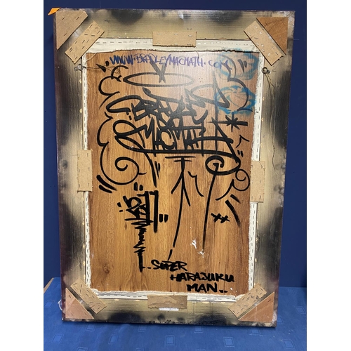 427 - Two decorative modern punk/street art pictures, framed, and painted verso, Titled  verso 