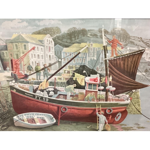 437 - DAVID GENTLEMAN BRITISH XX, original lithograph of Cornish fishermen in a glazed wooden frame, print... 