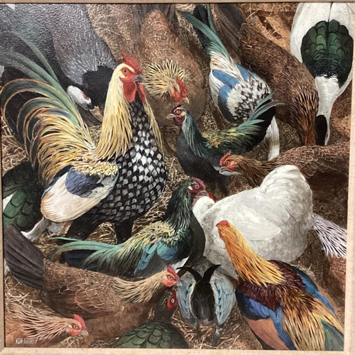 447 - Collection of original art wors and prints to include an acrylic on board of chickens by Ken Hawker,... 