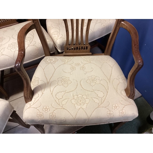 467 - A good set of 12 (10+2 carvers) Chippendale style dining chairs with cream upholstery, 95cmH