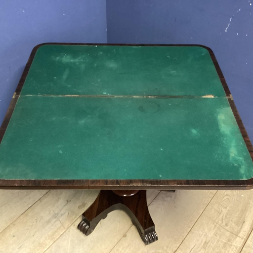 481 - A mid C19th rosewood fold over card table, with baize interior