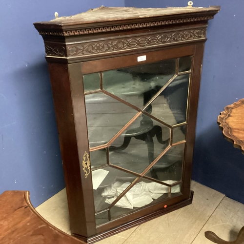 482 - Quantity of furniture: Mahogany glazed corner cabinet, with a pie crust occasional table, and anothe... 