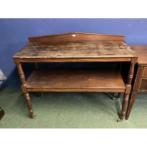 483 - Mahogany two tier Buffet 117cmW x 97cmH, and a faded mahogany knee hole dressing table with 5 drawer... 