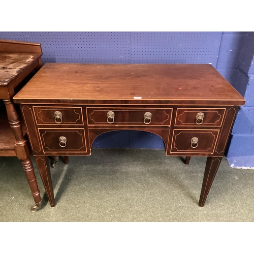 483 - Mahogany two tier Buffet 117cmW x 97cmH, and a faded mahogany knee hole dressing table with 5 drawer... 