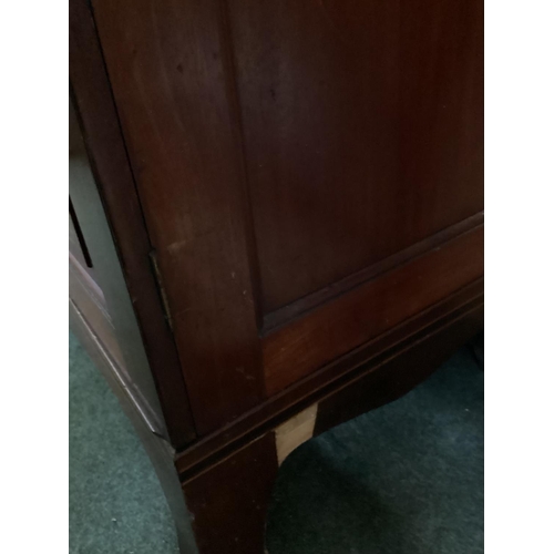 488 - A mahogany and string inlay decoration, two door linen press with added shelves built in to interior... 