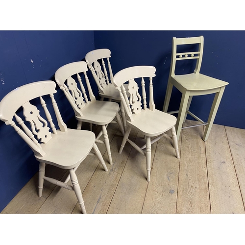 492 - Four painted stick back chairs, and a Neptune stool