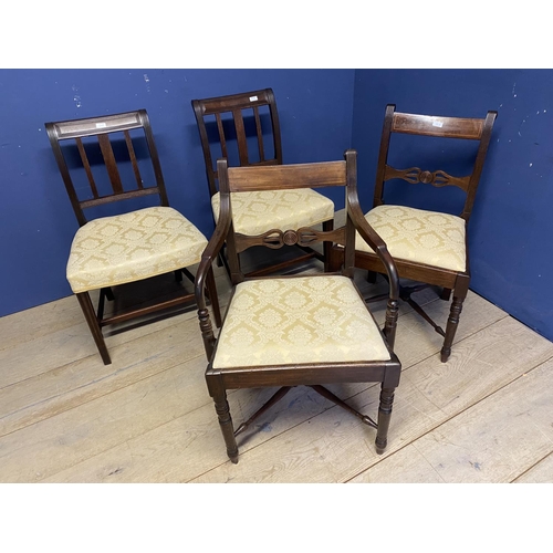 505 - Knee hole desk with green leather top and 4 dining chairs with cream seats