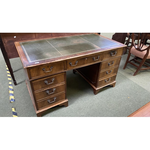 505 - Knee hole desk with green leather top and 4 dining chairs with cream seats