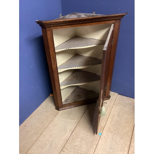 525 - Oak corner cabinet, with decorative shell and plume inlaid design to central panel, with key