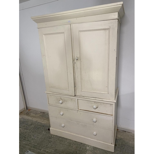 538 - Large cream painted housekeepers style cupboard, above the chest of 2 short and 2 long drawers