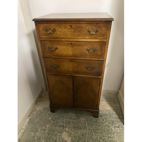 539 - Small narrow cupboard with 3 drawer above and an oak corner cupboard (door needs repair) and a torch... 