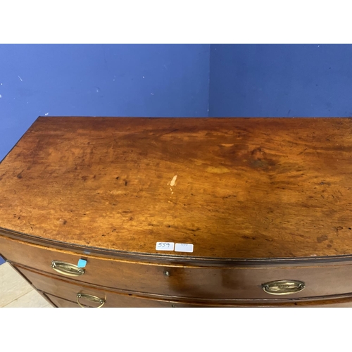 559 - Victorian mahogany bow front chest of three long drawers, 103cm W, some wear and losses