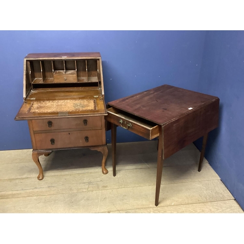 565 - Mahogany table with tapering legs and two fall flaps, 74.5cm Wide, and a small bureau. Some wear