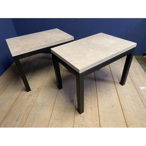 569 - Pair of oblong low side tables, with black metal base and heavy marble style tops, 76.5cm W x 51cm D... 