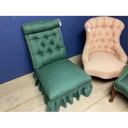 571 - 3 small upholstered chairs, in green and pink, see photos