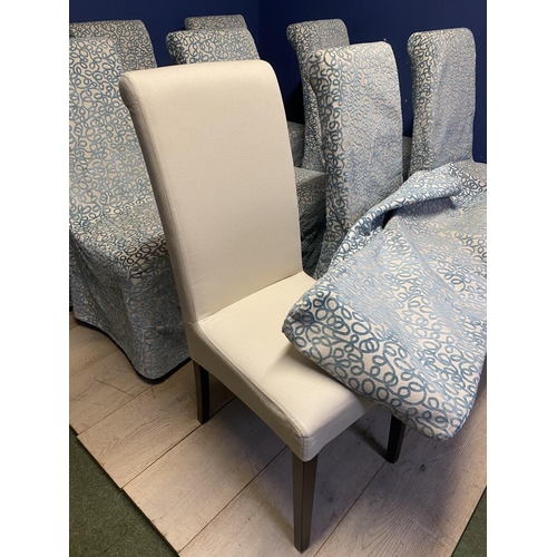 574 - Set of 9  modern high backed dining chairs, with upholstered white seats, and all with blue and crea... 