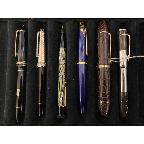 64 - A collection of Fountain Pens, to include Louis Vuitton, 3 Mont Blancs and others, in a presentation... 