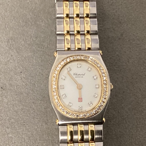 79 - Chopard, an unmarked yellow and white metal ladies Monte Carlo watch, diamond set oval bezel with di... 