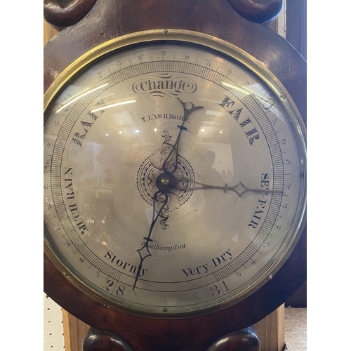 104 - Mahogany cased wall barometer, bears name  T. Lashmore, Southampton