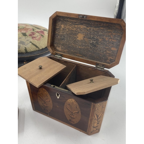 322 - An inlaid tea caddy, with two sections and internal lids, and a smaller burr box, and a mahogany box... 