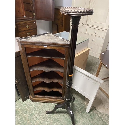 539 - Small narrow cupboard with 3 drawer above and an oak corner cupboard (door needs repair) and a torch... 