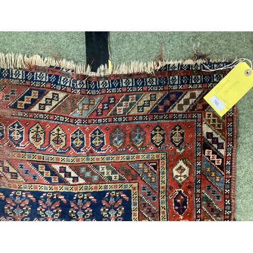 701 - Small Persian style rug runner, with blue and red and all over geometric design, with central panel ... 