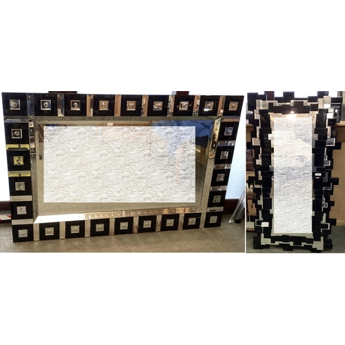 423 - 2 modern mirrors: A large C20th overmantel mirror, rectangular bevelled plate with geometric glass f... 