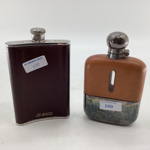 100 - Two leatherbound white metal hip flasks, one by James Dixon and sons