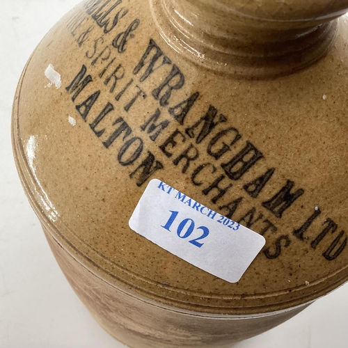 102 - Two stoneware items, flask marked Russells and Wrangham Ltd, Malton and The Cream Sep, and a blue an... 