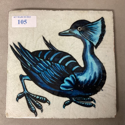 105 - WILLIAM DE MORGAN, A blue and white tile of a stylised bird, stamped verso W DE MORGAN, 15.5 x 15.5c... 