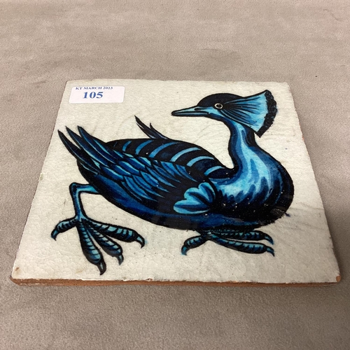 105 - WILLIAM DE MORGAN, A blue and white tile of a stylised bird, stamped verso W DE MORGAN, 15.5 x 15.5c... 